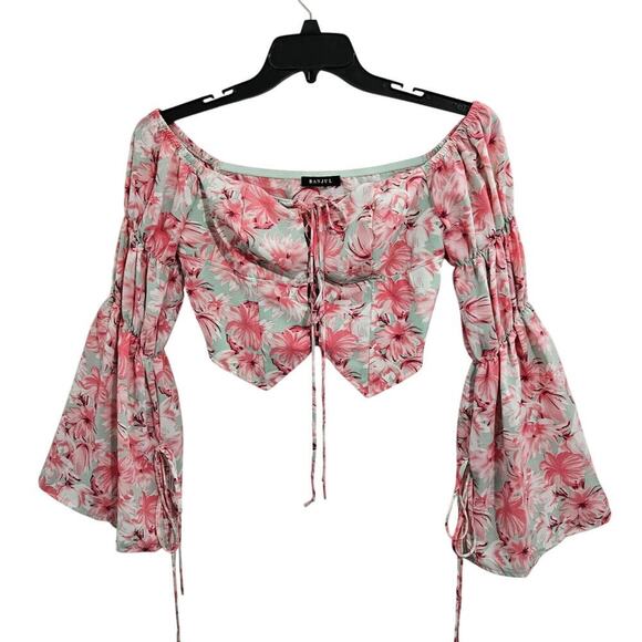 Banjul Tops - Floral Pink Puff Long Flare Sleeve Self Tie Front Crop Corset Top. Size Large